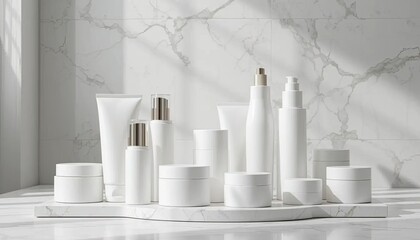 Elegant display of white cosmetic containers, set against a clean and minimalist background, perfect for beauty products.
