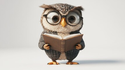 Cute Owl Reading Book Against Plain Background. Possible Stock Photo Use