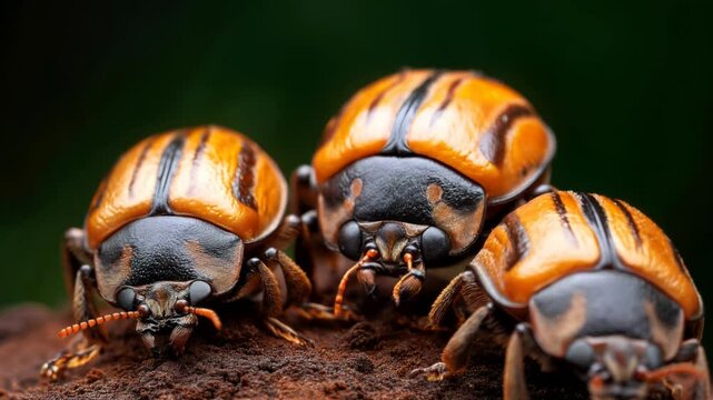Close-up of three orange and black beetles with striped patterns on a textured surface with a green background
