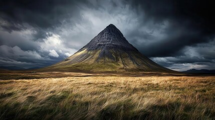 Obraz premium Desolate mountain peak obscured by dark, stormy clouds, evoking isolation