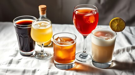 Set of various winter cocktails: mulled wine, eggnog, limoncello, old-fashioned, coconut margarita. White linen background.