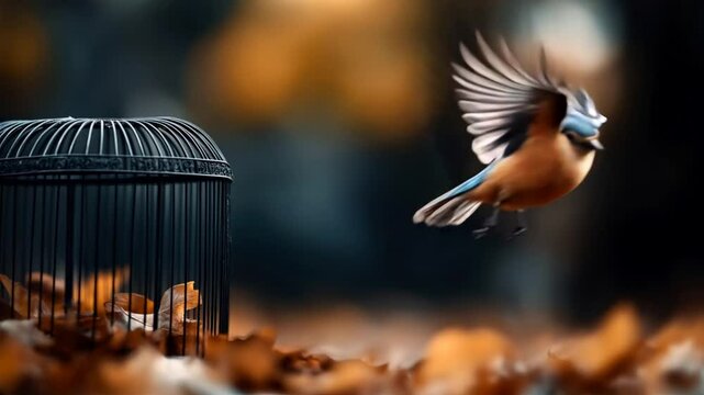 A bird with blue and orange feathers flying near a black metal cage surrounded by fallen autumn leaves in a blurred background.