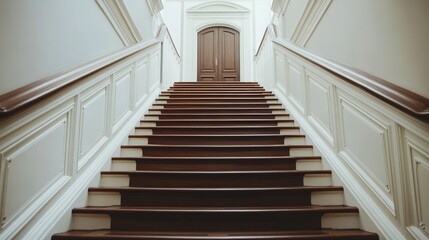 Classic wooden staircase with brown treads and white risers leading up to a large wooden door at the top of the stairs, elegant-architecture