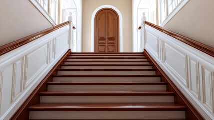 Fototapeta premium Classic wooden staircase with brown treads and white risers leading up to a large wooden door at the top of the stairs, elegant-architecture