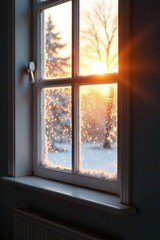 Morning sunlight peeking through frosty window panes, morning, clear