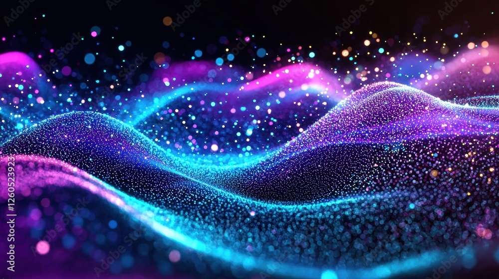 Poster Blue and purple glowing particles wave on a black background, creating a bokeh light effect. Abstract digital design evokes a sense of movement and energy