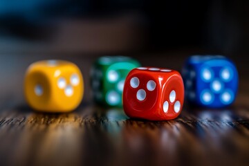 Colorful dice on wooden table, game night, close-up