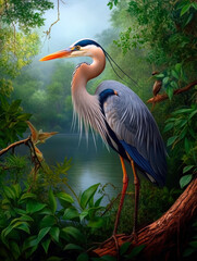 Fototapeta premium A stunning heron stands gracefully near a serene waterway, surrounded by lush greenery, showcasing vibrant plumage and intricate details, embodying the beauty of nature's tranquility.