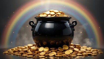 Black pot overflowing with gold coins at the end of a rainbow, symbolizing luck and fortune, St. Patrick’s Day treasure concept
