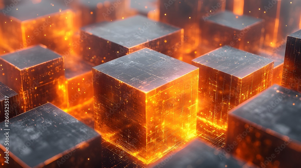Poster group of glowing orange cubes with voxel-inspired games displayed on multiple screens in a dark envi