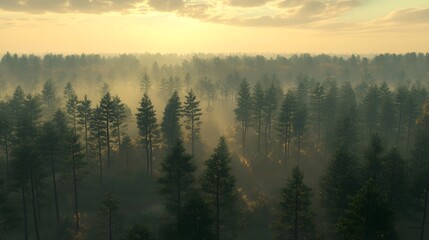 Serene morning forest with dense trees and natural light filtering through the foliage