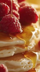 Delicious Stack of Pancakes with Raspberries and Honey