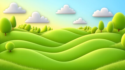 Obraz premium Soft light bathes gently rolling green hills cheerful cartoon landscape. AI Generated
