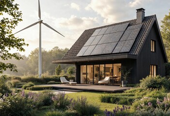 Modern Sustainable Home Surrounded by Lush Greenery and Renewable Energy. Generative AI