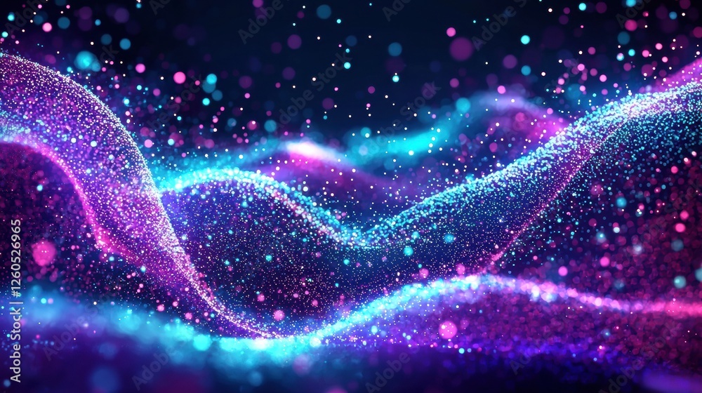 Poster dynamic abstract background with glowing particles in vibrant blue and purple hues, creating a digit