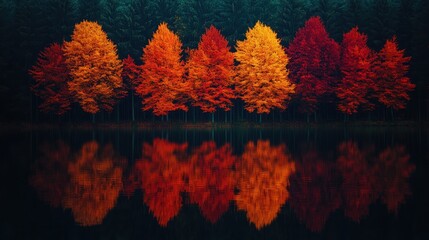 Autumn trees reflected in still water.