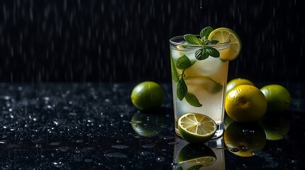 Mojito cocktail with fresh limes on a black background