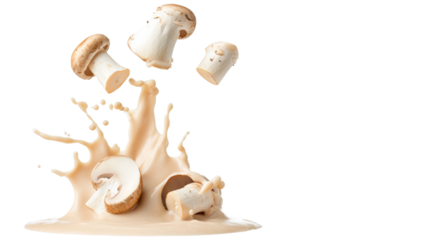 Freshly sliced mushrooms splashing in creamy liquid, creating dynamic scene ,isolated on transparent background