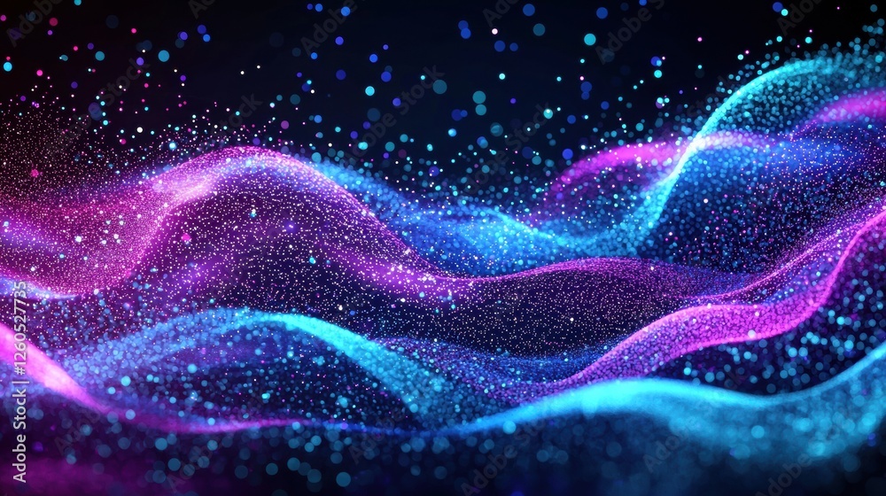 Aufkleber digital design featuring flowing waves and glowing particles in blue and purple hues, creating a vib
