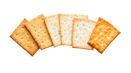 Crispy crackers arranged in row, showcasing different textures and colors ,isolated on transparent background