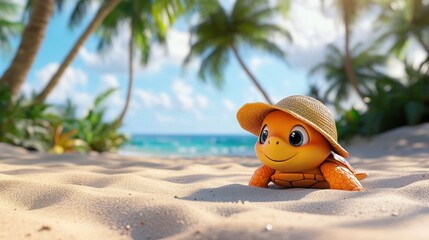 Cute Turtle on Beach in Paradise