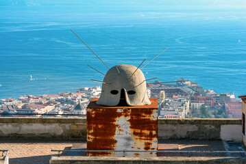 Helmet sculpture on the fortress of Castel Sant'Elmo, on the hill of the Vomero district of Naples, in the shape of a large ancient Greek combat helmet. 