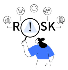 Magnifying glass, exclamation mark, people, data chart, refresh, gears, clipboard, person. Ideal for business, risk management, strategy analysis planning decision making Landing page