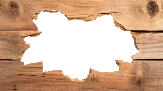 rustic wooden panel with large hole, revealing transparency background.