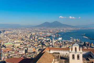 Panoramic view from the fortress of Castel Sant'Elmo, on the hill of the Vomero district, over the city of Naples with Mount Vesuvius and the Gulf of Naples.