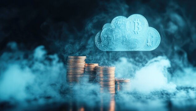 Crypto Cloud Computing Stacks of Coins - Powered by Adobe