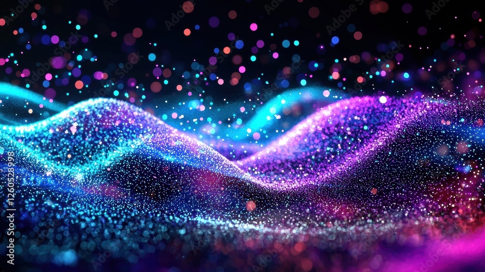 Poster vibrant digital design featuring glowing particles, waves, and bokeh lights in blue and purple hues 