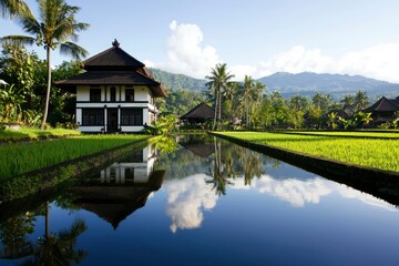 Obraz premium Tranquil house reflecting on water among rice fields on a sunny day for travel use