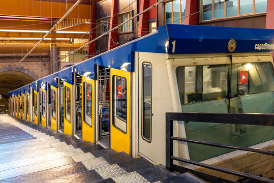 Parked train of the Montesanto funicular at the Morghen terminus on the hill of the Vomero district in Naples, Italy. The funicular carries over four million passengers per year.