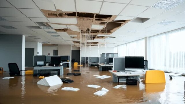 Flooded office with damaged ceiling, water streaming down, and floating debris in an open-plan workspace with computers.