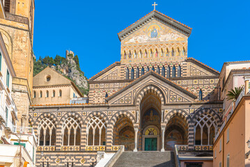 Amalfi Cathedral in the Piazza del Duomo, Amalfi, Italy. The first church was built in the 9th century on the ruins of an earlier temple. The façade was rebuilt in the Arab-Moorish-Norman style