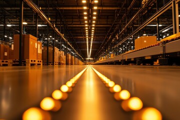 Obraz premium Automated logistics warehouse with conveyor belts and products for distribution