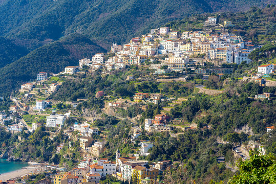 The mountain community of Vietri sul Mare on the Amalfi Coast in southern Italy. The picturesque landscapes of the Amalfi Coast have made it one of the most popular destinations of the world's jet set
