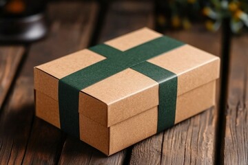 Brown gift box with green ribbon on wood, for anniversary, holiday, or celebration