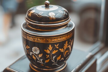 A black and gold vase with a floral design sits on a table