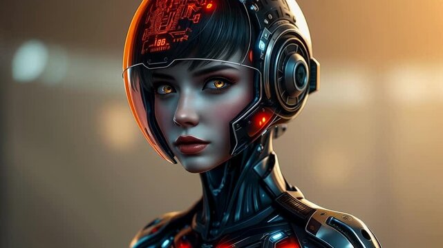 Futuristic female astronaut in an advanced exosuit with glowing orange lights stands in a sci-fi environment. Her transparent helmet reflects the ambient light. High-tech and cyberpunk concept