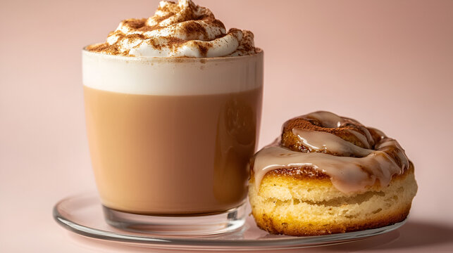 Cozy Drink & Pastry: Frothy beverage topped with cream and a cinnamon bun on a pink backdrop.