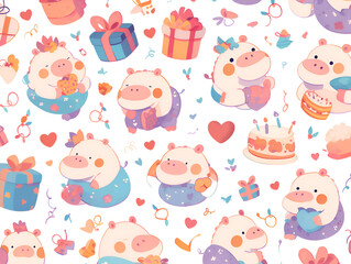 Cute Hippo with Flowers and Gift Boxes Seamless Pattern