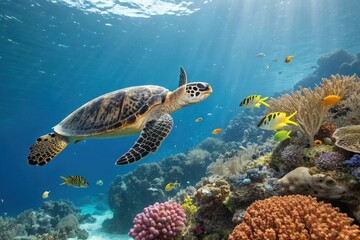 Obraz premium Colorful Sea Turtle Gliding Among Vibrant Coral and Tropical Fish in Clear Ocean Waters
