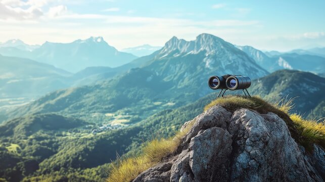 Pair of binoculars on top of a mountain with a beautiful view of the valley