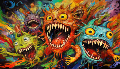 A surreal painting of colorful, nightmarish creatures with sharp teeth captures a grotesque scene.