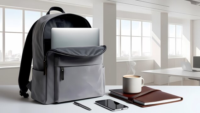 A gray backpack with a laptop partially inside is on a desk, accompanied by a cup of coffee, a notebook, a smartphone, and a pen. The background shows large windows with natural light.