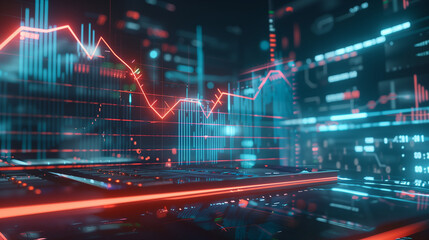 Glowing upward arrow graph on digital screen symbolizing positive company growth and future outlook, representing business success and financial progress.