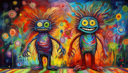 Two surreal monsters grin amidst a swirl of colors in this nightmare-inspired painting.