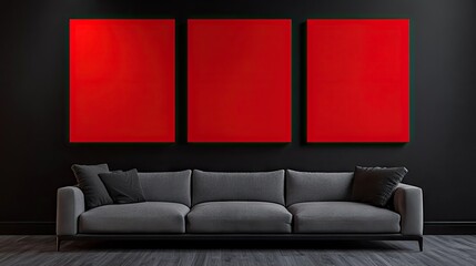 A sophisticated living room with three minimalist square canvas paintings mounted on a black wall, paired with a sleek gray couch.