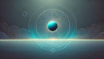 青い光のオーブと幾何学的デザイン